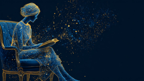 AI generated woman in starry night, with book